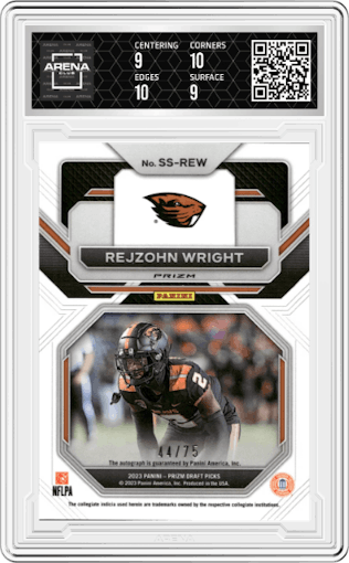 Rejzohn Wright from the 2023 Panini Prizm Draft Picks set featuring a Orange Wave parallel graded by Arena Club and given an overall grade of 9.5.