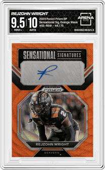 Rejzohn Wright from the 2023 Panini Prizm Draft Picks set featuring a Orange Wave parallel graded by Arena Club and given an overall grade of 9.5.