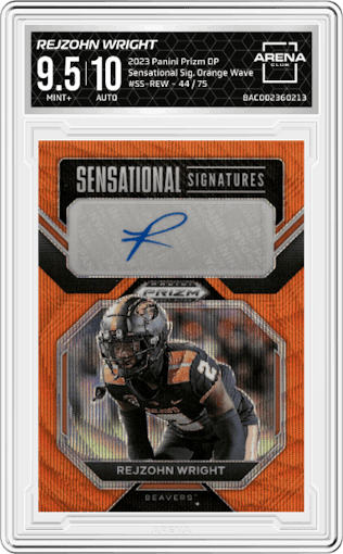 Rejzohn Wright from the 2023 Panini Prizm Draft Picks set featuring a Orange Wave parallel graded by Arena Club and given an overall grade of 9.5.
