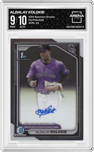 Aldalay Kolokie from the 2024 Bowman Chrome set graded by Arena Club and given an overall grade of 9.