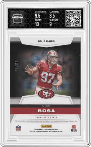 Nick Bosa from the 2019 Panini Obsidian set featuring a Electric Etch Orange parallel graded by Arena Club and given an overall grade of 9.