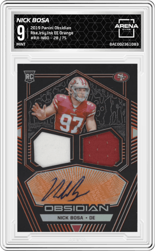Nick Bosa from the 2019 Panini Obsidian set featuring a Electric Etch Orange parallel graded by Arena Club and given an overall grade of 9.