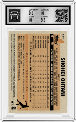 Shohei Ohtani from the 2018 Topps Series 2 set graded by Arena Club and given an overall grade of 10.