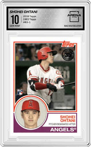 Shohei Ohtani from the 2018 Topps Series 2 set graded by Arena Club and given an overall grade of 10.