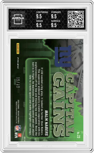 Malik Nabers from the 2024 Panini Mosaic set featuring a Purple parallel graded by Arena Club and given an overall grade of 9.5.