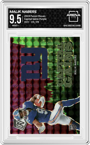 Malik Nabers from the 2024 Panini Mosaic set featuring a Purple parallel graded by Arena Club and given an overall grade of 9.5.