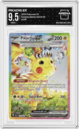 Pikachu ex from the 2024 Pokemon SV set graded by Arena Club and given an overall grade of 9.5.