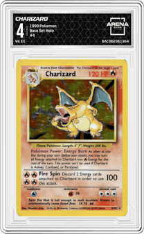 Charizard from the 1999 Pokemon set graded by Arena Club and given an overall grade of 4.