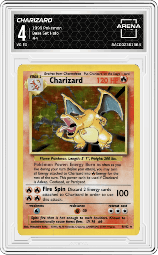 Charizard from the 1999 Pokemon set graded by Arena Club and given an overall grade of 4.