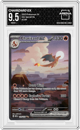 Charizard ex from the 2023 Pokemon SV set graded by Arena Club and given an overall grade of 9.5.