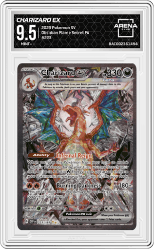 Charizard ex from the 2023 Pokemon SV set graded by Arena Club and given an overall grade of 9.5.