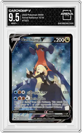 Garchomp V from the 2022 Pokemon SWSH set graded by Arena Club and given an overall grade of 9.5.