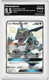 Rayquaza GX from the 2018 Pokemon S&M  set featuring a Hidden Fates Collection Box parallel graded by Arena Club and given an overall grade of 9.5.