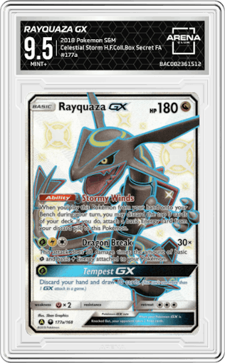 Rayquaza GX from the 2018 Pokemon S&M  set featuring a Hidden Fates Collection Box parallel graded by Arena Club and given an overall grade of 9.5.