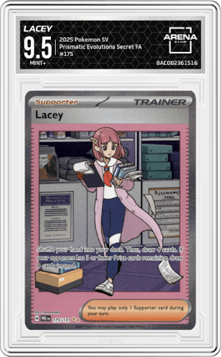 Lacey from the 2025 Pokemon SV set graded by Arena Club and given an overall grade of 9.5.