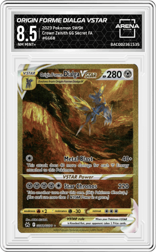 Origin Forme Dialga VSTAR from the 2023 Pokemon SWSH set graded by Arena Club and given an overall grade of 8.5.