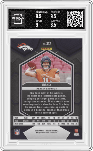Bo Nix from the 2024 Panini Mosaic set graded by Arena Club and given an overall grade of 9.