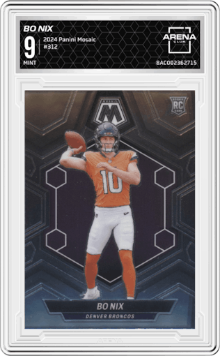 Bo Nix from the 2024 Panini Mosaic set graded by Arena Club and given an overall grade of 9.