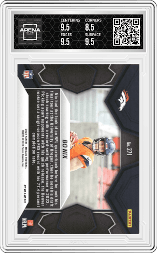Bo Nix from the 2024 Panini Mosaic set featuring a Reactive Yellow parallel graded by Arena Club and given an overall grade of 9.