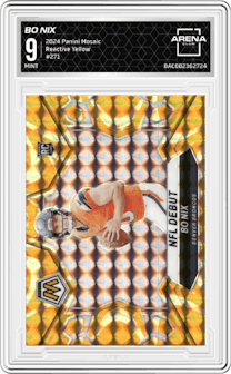 Bo Nix from the 2024 Panini Mosaic set featuring a Reactive Yellow parallel graded by Arena Club and given an overall grade of 9.