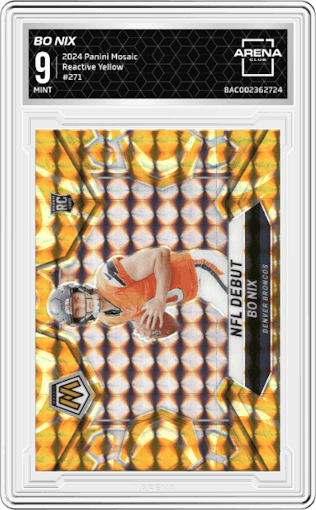 Bo Nix from the 2024 Panini Mosaic set featuring a Reactive Yellow parallel graded by Arena Club and given an overall grade of 9.