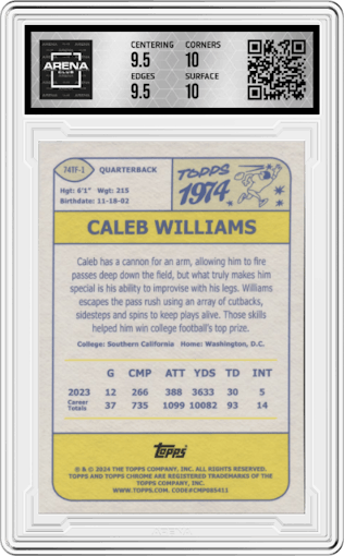 Caleb Williams from the 2024 Topps Chrome set graded by Arena Club and given an overall grade of 10.