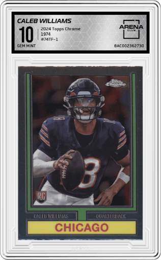 Caleb Williams from the 2024 Topps Chrome set graded by Arena Club and given an overall grade of 10.