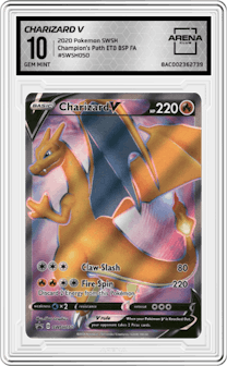 Charizard V from the 2020 Pokemon SWSH set featuring a Champion's Path ETB parallel graded by Arena Club and given an overall grade of 10.