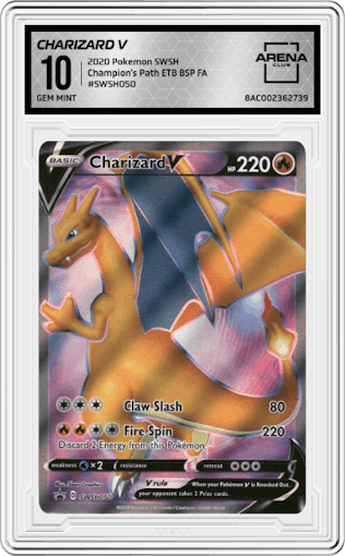 Charizard V from the 2020 Pokemon SWSH set featuring a Champion's Path ETB parallel graded by Arena Club and given an overall grade of 10.