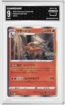 Charizard from the 2022 Pokemon SWSH JPN set graded by Arena Club and given an overall grade of 9.