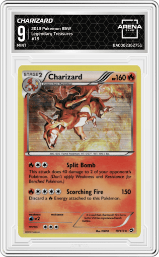 Charizard from the 2013 Pokemon B&W set graded by Arena Club and given an overall grade of 9.