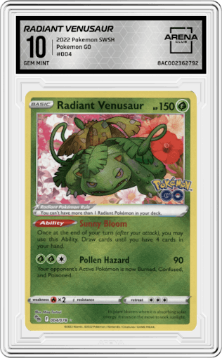 Radiant Venusaur from the 2022 Pokemon SWSH set graded by Arena Club and given an overall grade of 10.