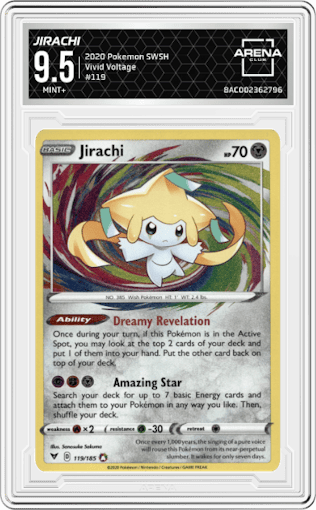 Jirachi from the 2020 Pokemon SWSH set graded by Arena Club and given an overall grade of 9.5.