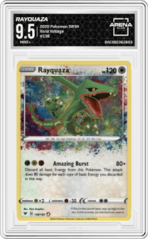 Rayquaza from the 2020 Pokemon SWSH set graded by Arena Club and given an overall grade of 9.5.