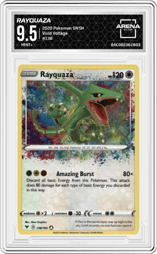 Rayquaza from the 2020 Pokemon SWSH set graded by Arena Club and given an overall grade of 9.5.