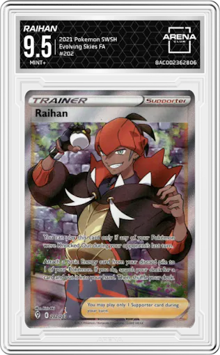 Raihan from the 2021 Pokemon SWSH set graded by Arena Club and given an overall grade of 9.5.
