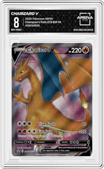 Charizard V from the 2020 Pokemon SWSH set featuring a Champion's Path ETB parallel graded by Arena Club and given an overall grade of 8.