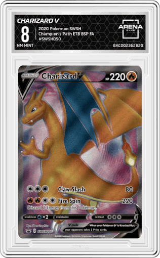 Charizard V from the 2020 Pokemon SWSH set featuring a Champion's Path ETB parallel graded by Arena Club and given an overall grade of 8.