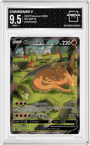 Charizard V from the 2022 Pokemon SWSH set featuring a Ultra Premium Collection parallel graded by Arena Club and given an overall grade of 9.5.