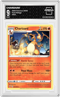 Charizard from the 2020 Pokemon SWSH set graded by Arena Club and given an overall grade of 9.
