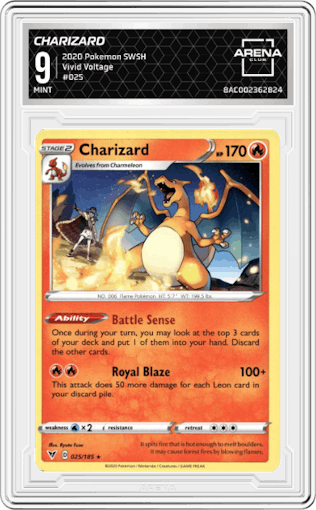 Charizard from the 2020 Pokemon SWSH set graded by Arena Club and given an overall grade of 9.
