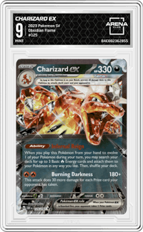 Charizard EX from the 2023 Pokemon SV set graded by Arena Club and given an overall grade of 9.