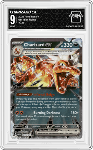 Charizard EX from the 2023 Pokemon SV set graded by Arena Club and given an overall grade of 9.