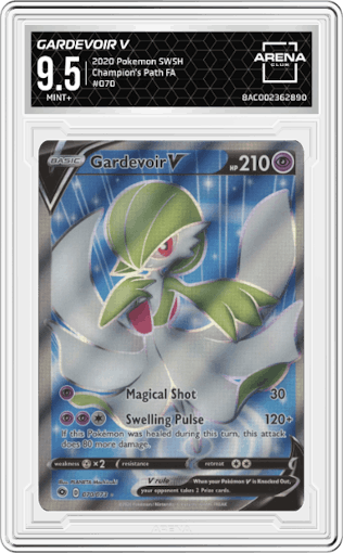 Gardevoir V from the 2020 Pokemon SWSH set graded by Arena Club and given an overall grade of 9.5.