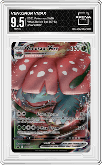 Venusaur VMAX from the 2021 Pokemon SWSH set featuring a Venusaur VMAX Battle Box parallel graded by Arena Club and given an overall grade of 9.5.