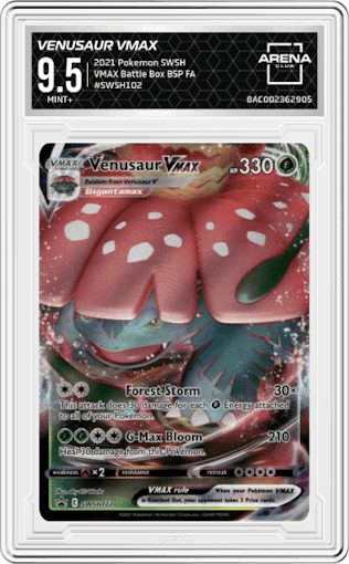 Venusaur VMAX from the 2021 Pokemon SWSH set featuring a Venusaur VMAX Battle Box parallel graded by Arena Club and given an overall grade of 9.5.