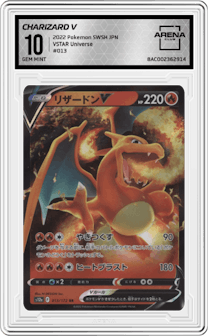 Charizard V from the 2022 Pokemon SWSH JPN set graded by Arena Club and given an overall grade of 10.