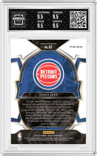 Jaden Ivey  from the 2022-23 Panini Select set featuring a Red Wave parallel graded by Arena Club and given an overall grade of 9.5.