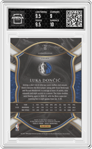 Luka Doncic from the 2020-21 Panini Select  set featuring a Red/White/Green Cracked Ice parallel graded by Arena Club and given an overall grade of 9.5.