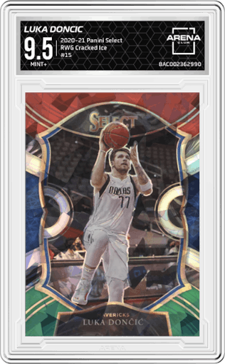 Luka Doncic from the 2020-21 Panini Select  set featuring a Red/White/Green Cracked Ice parallel graded by Arena Club and given an overall grade of 9.5.